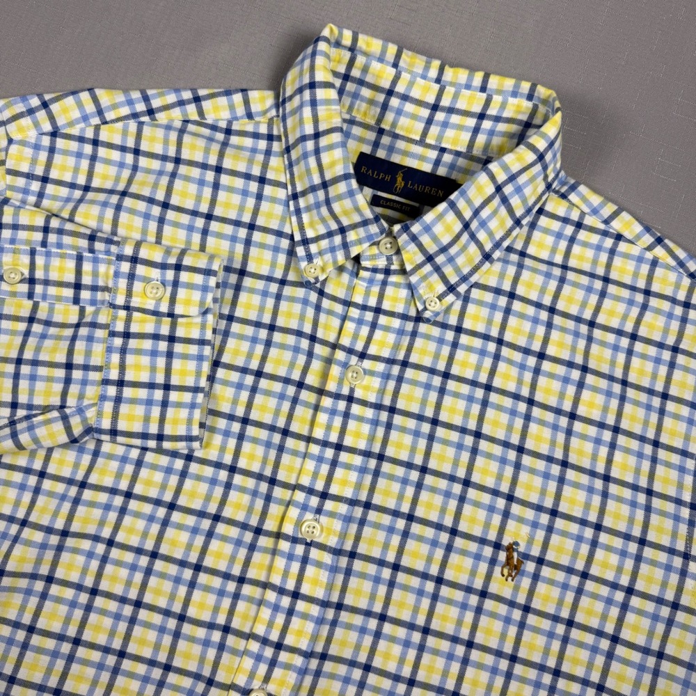 Ralph Lauren Classic Fit Plaid Button Down Shirt Mens Large Yellow Blue Long Slv